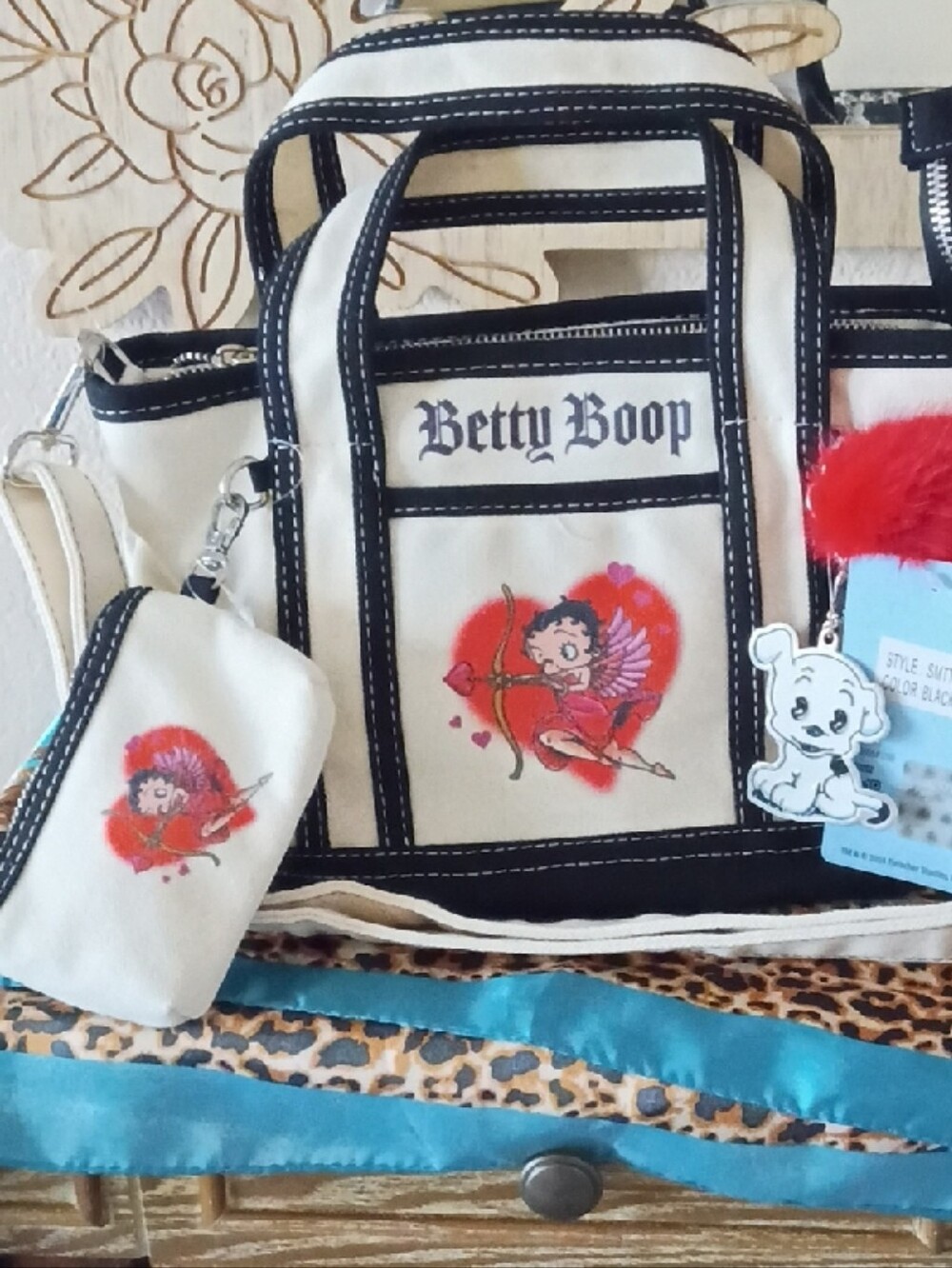 Betty Boop Cream Canvas Tote with Black Trim and Red Heart Accents